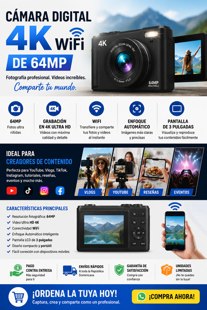 Cámara Digital 4K WiFi 64MP