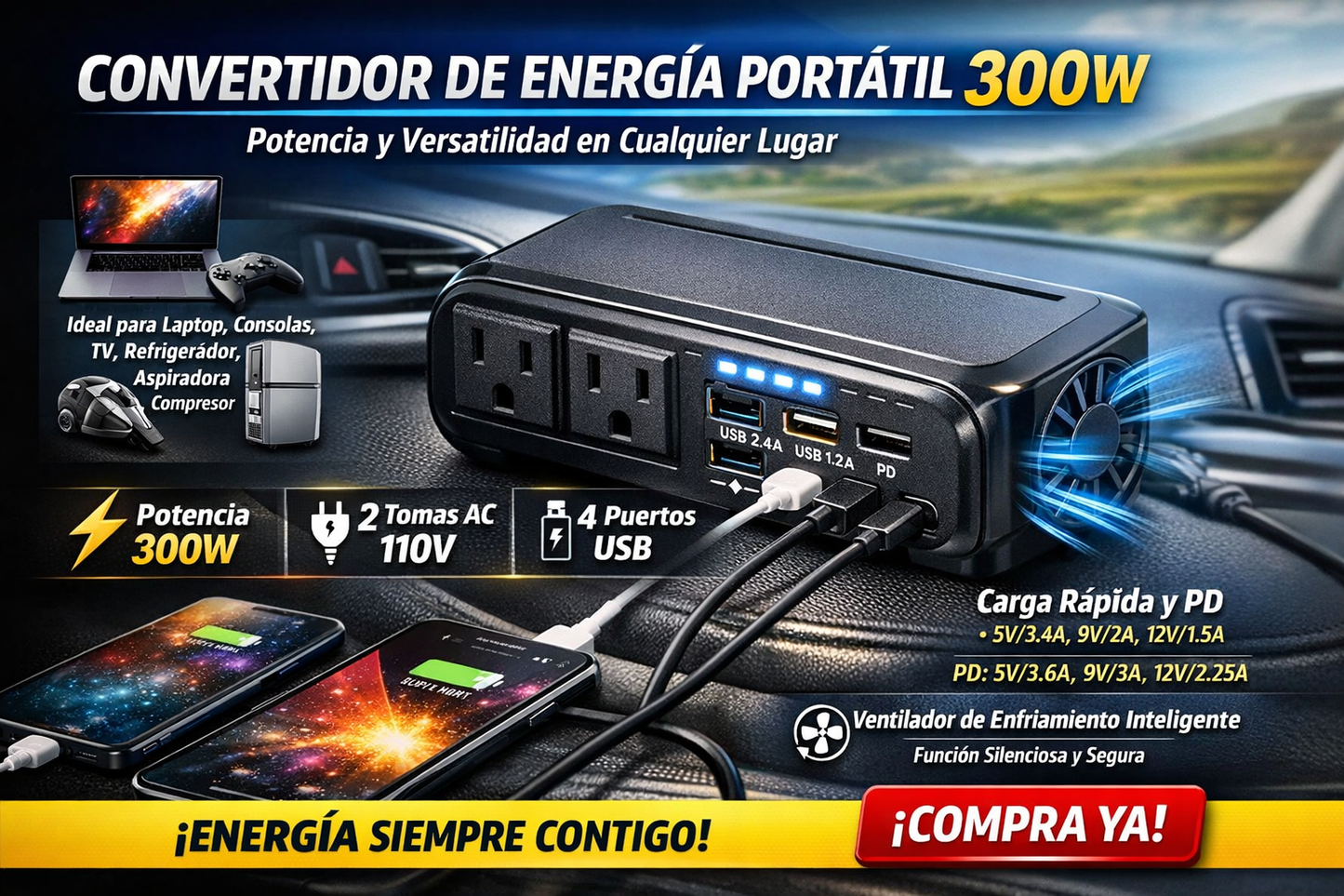 CONVERTIDOR DE ENERGÍA PORTÁTIL 300W