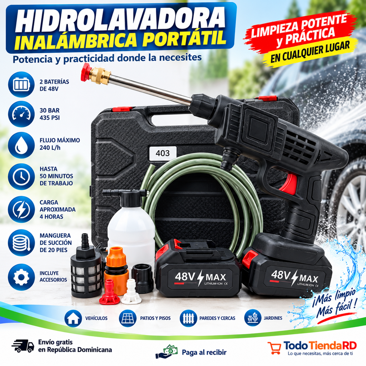 Hidrolavadora inalámbrica portátil 48V con 2 baterías