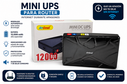 Mini DC UPS 12,000 mAh – Respaldo de Energía para Router y Módem