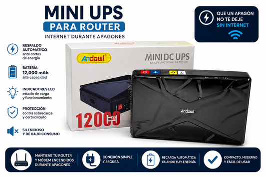 Mini DC UPS 12,000 mAh – Respaldo de Energía para Router y Módem