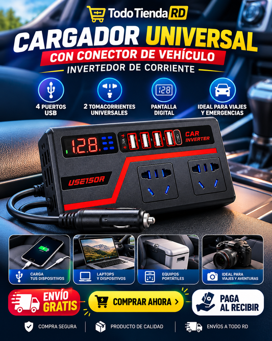 Convertidor de energía para vehículo con 4 USB y 2 tomacorrientes
