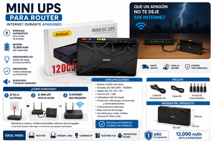 Mini DC UPS 12,000 mAh – Respaldo de Energía para Router y Módem