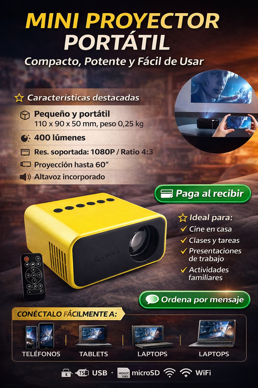 MINI PROYECTOR PORTATIL, PROYECTO VIA USB, MICROSD Y WIFI MD10437
